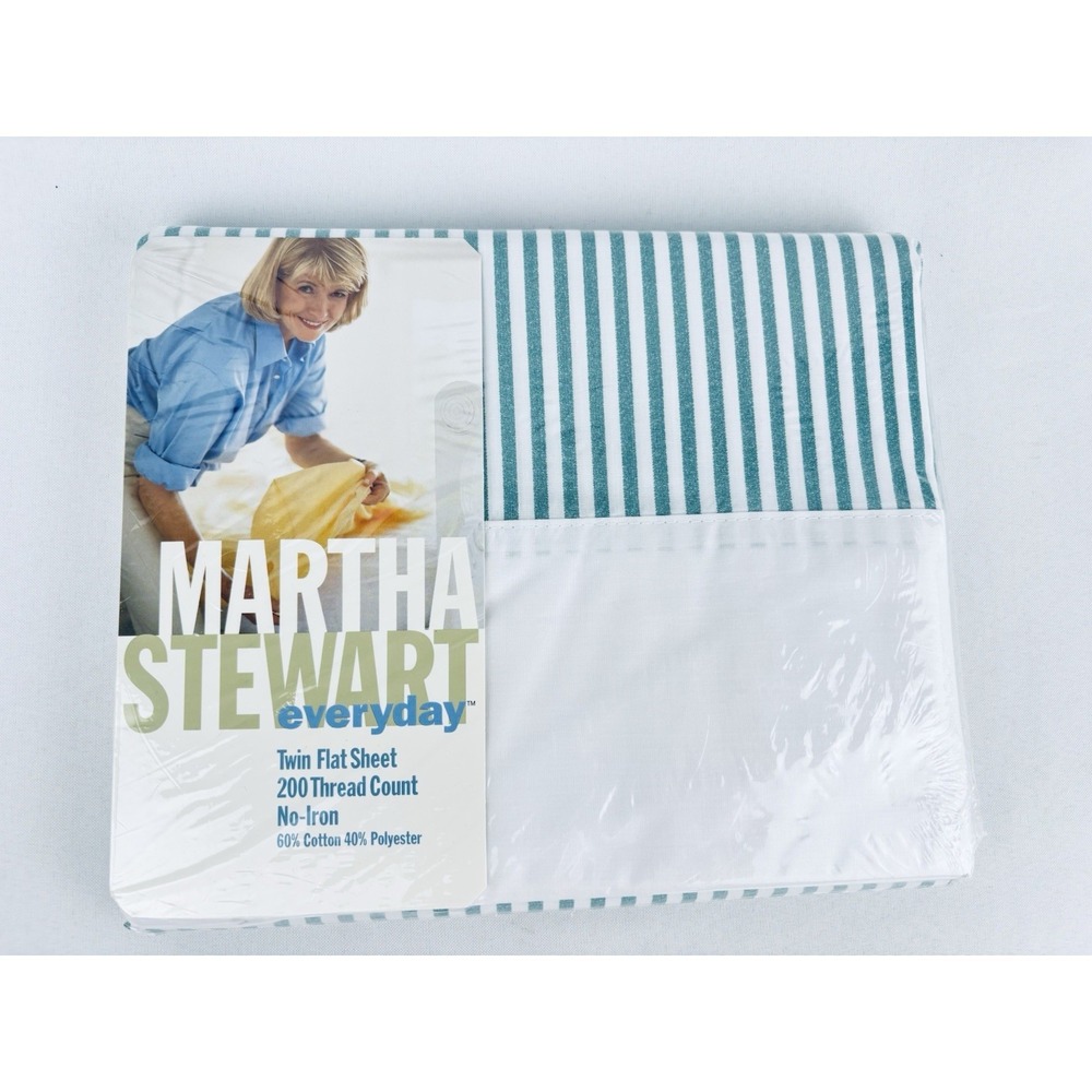 Vintage Martha Stewart Everyday Green Leaf Stripe Twin Flat Sheet 1997 NOS‎